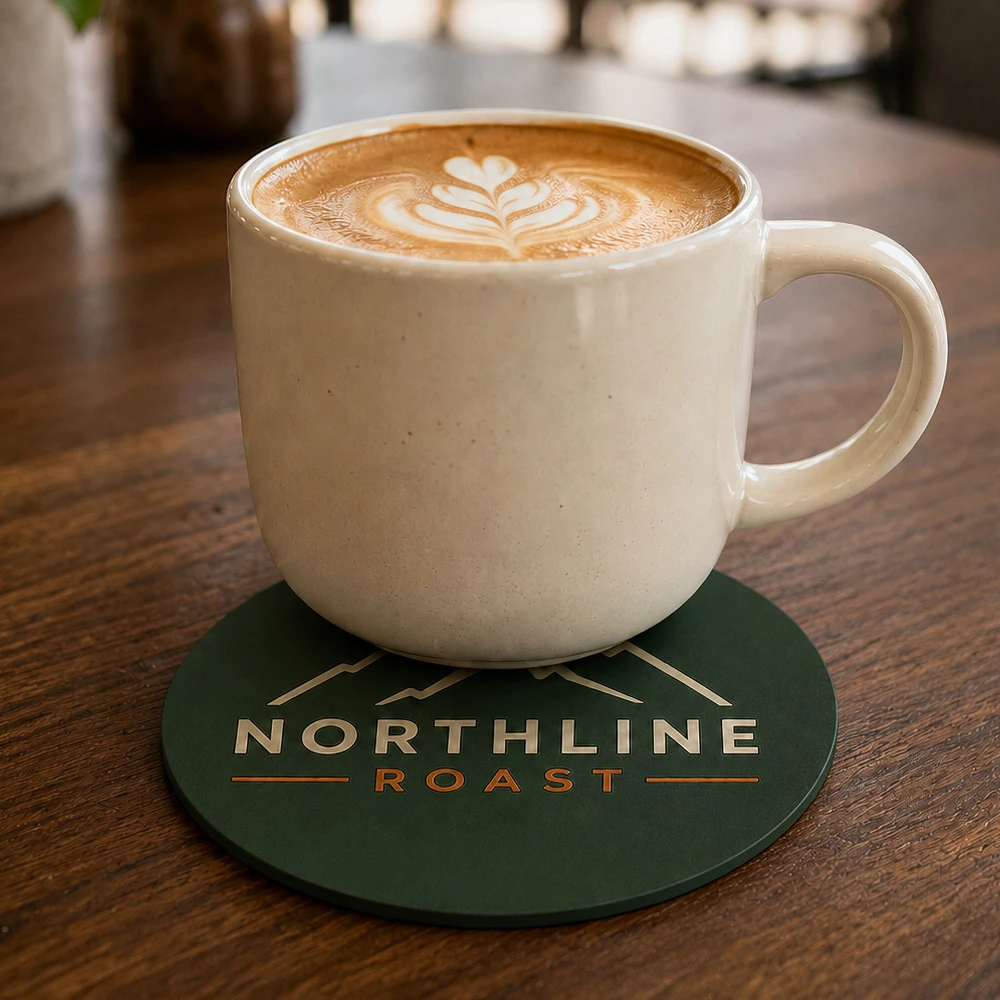 Custom PVC rubber coaster under a latte mug on a wood table