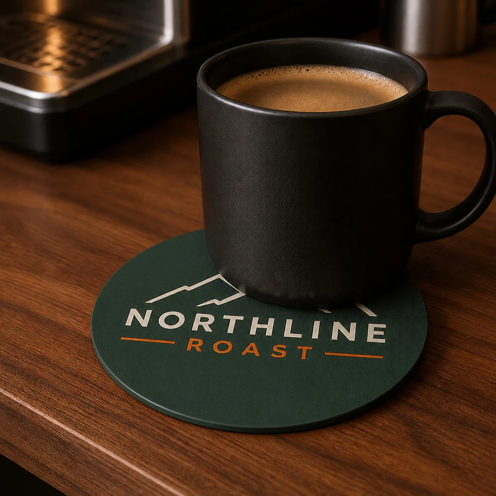 Custom PVC rubber coaster under a black coffee mug on a wood table