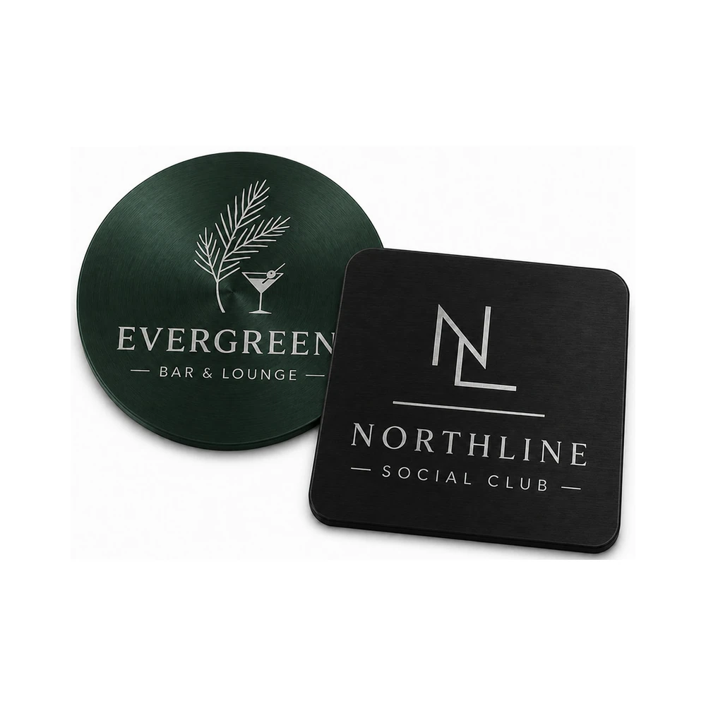 Two custom stainless steel coasters, one round green and one square black