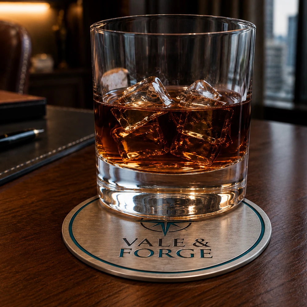 Custom stainless steel coaster under a whiskey glass on a wood desk