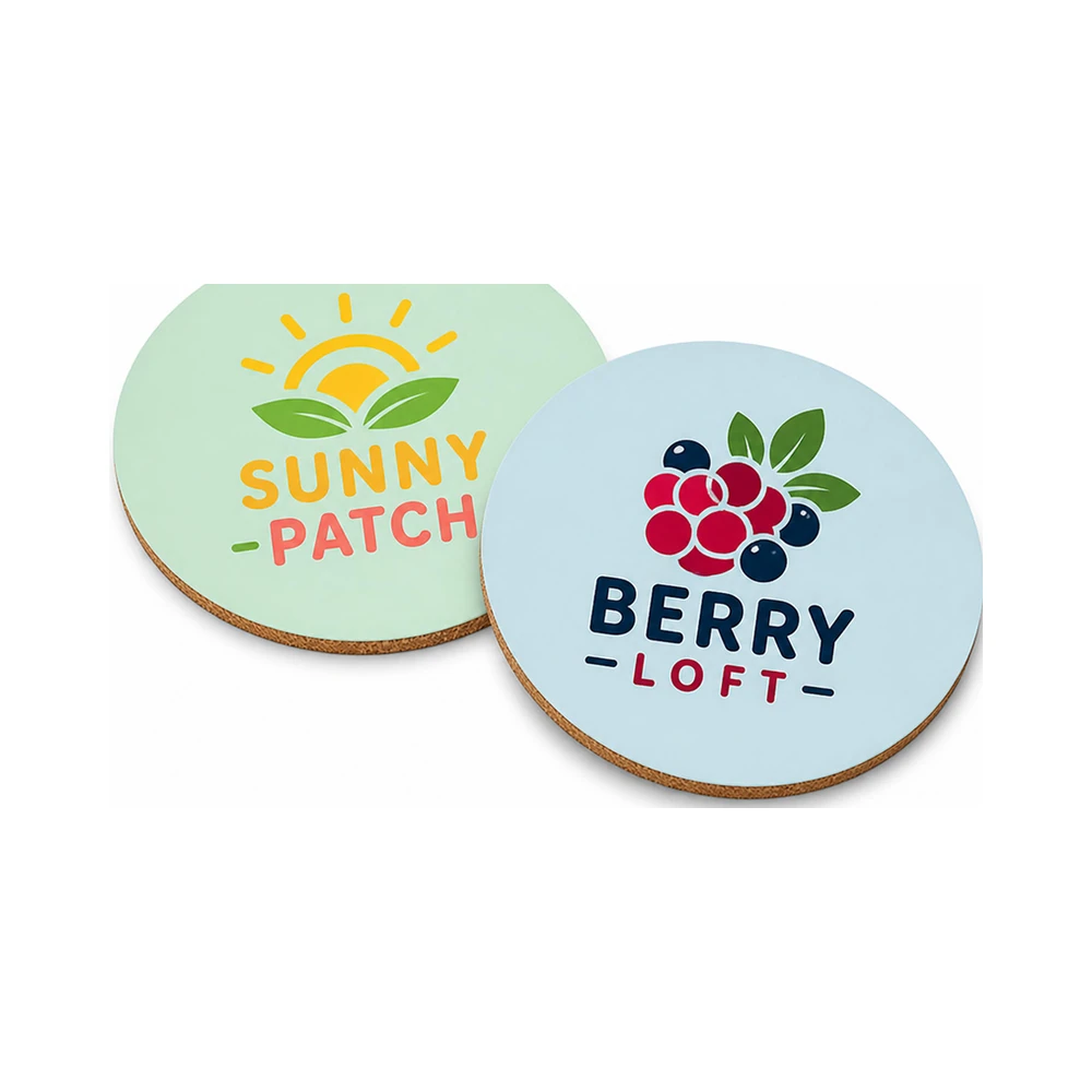Two custom sublimation cork coasters showing Sunny-Patch and Berry-Loft designs