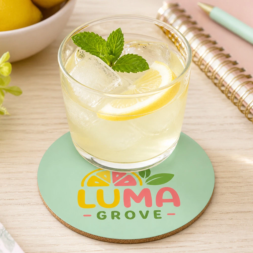 Custom sublimation cork coaster under a lemonade glass on a wood table