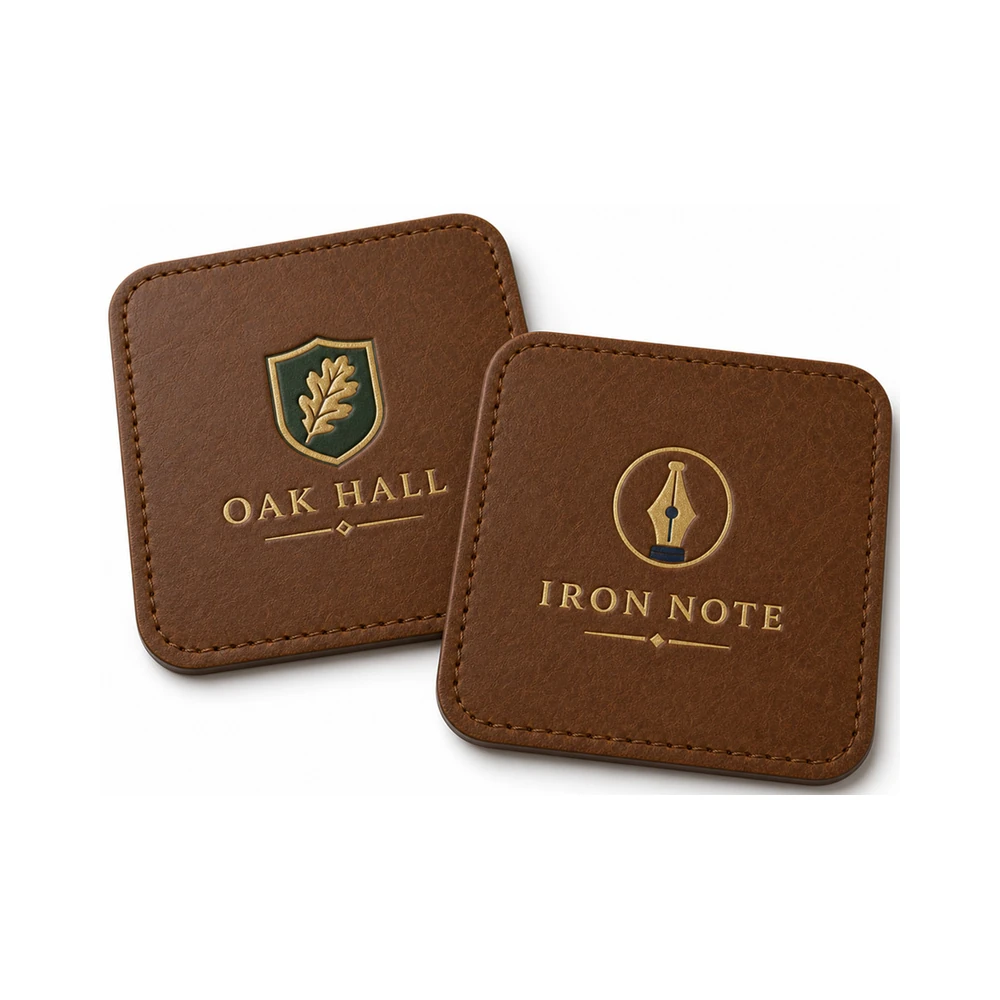 Two custom leather drink coasters showing Oak Hall and Iron Note designs