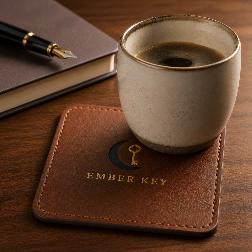 Custom leather drink coaster under a coffee cup on a wood table