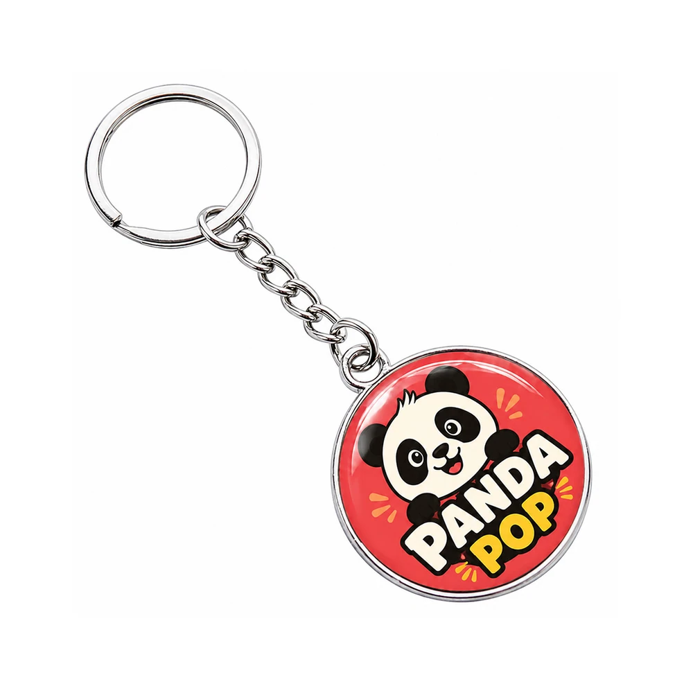 Custom double-sided domed metal keychain – PANDA POP cartoon panda on red Australia