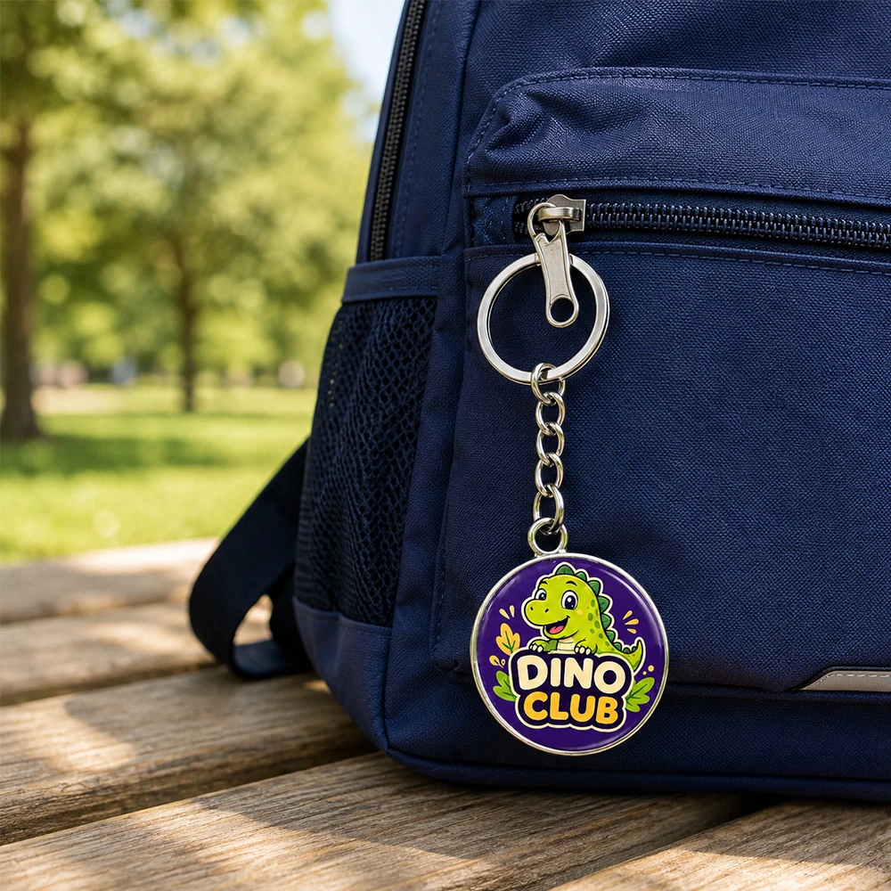 Custom double-sided domed metal keychain on a navy backpack outdoors Australia