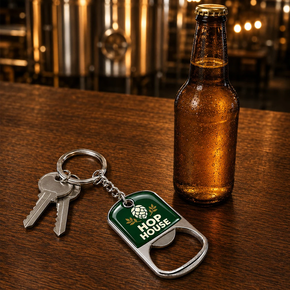 Custom dog tag metal keychain bottle opener on a bar next to a beer bottle Australia