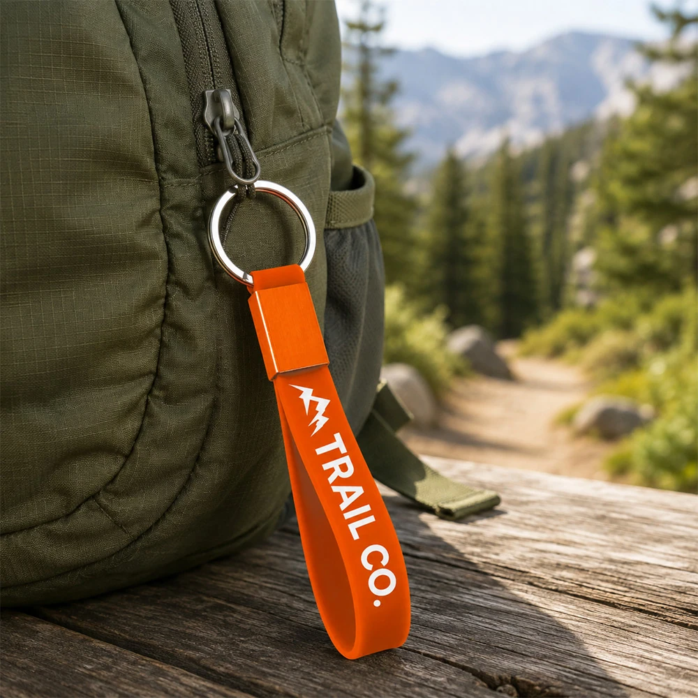 Custom silicone wrist loop keychain on a green backpack outdoors Australia