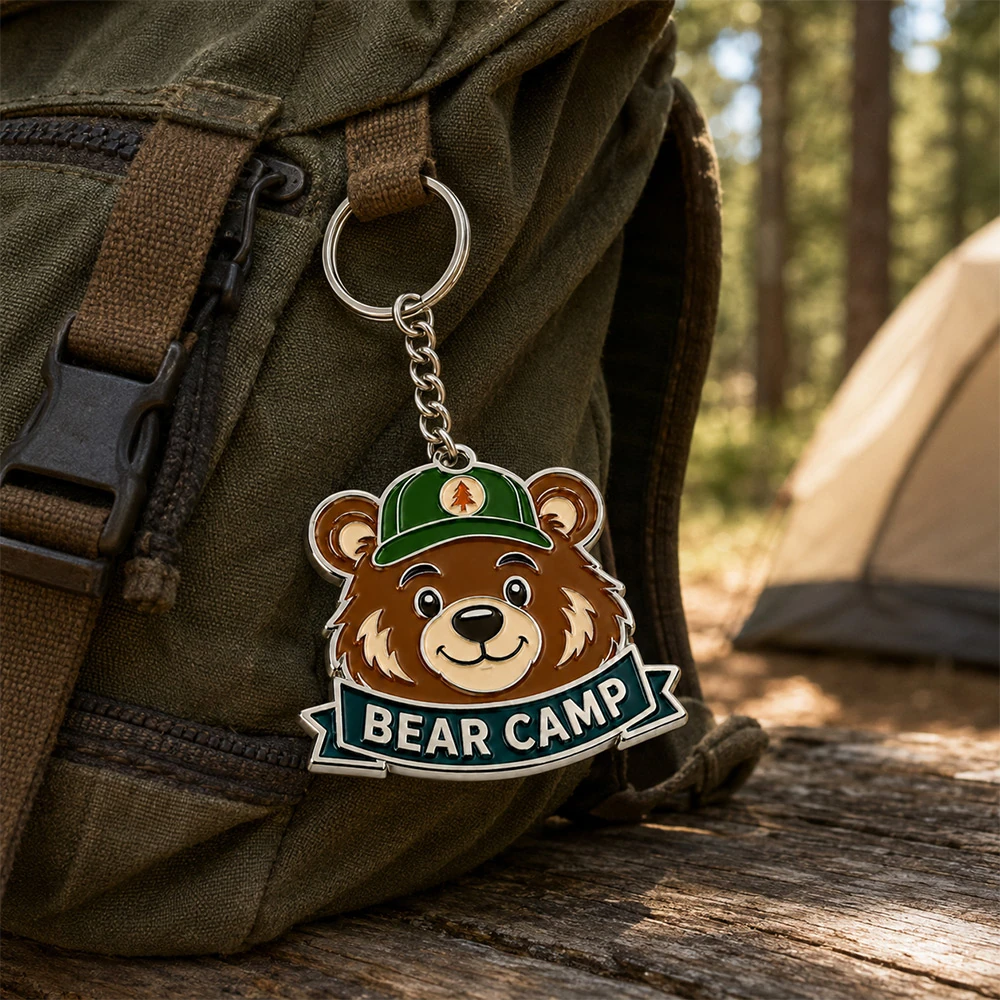 Bear camp soft enamel keychain clipped to a canvas backpack at a campsite UK