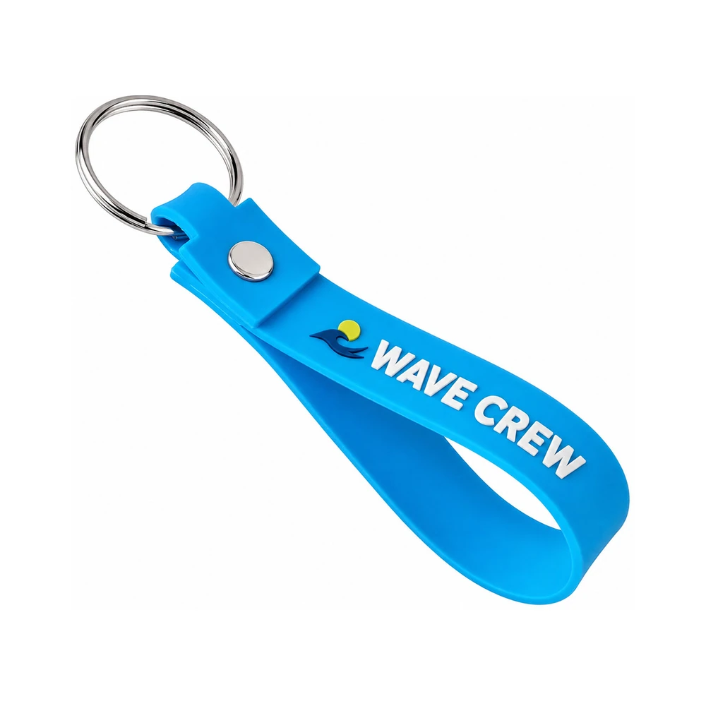 Blue custom soft PVC keychain strap with raised wave crew logo and snap button Australia