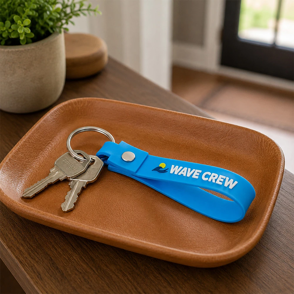 Wave crew soft PVC keychain strap with house keys in a leather valet tray Australia