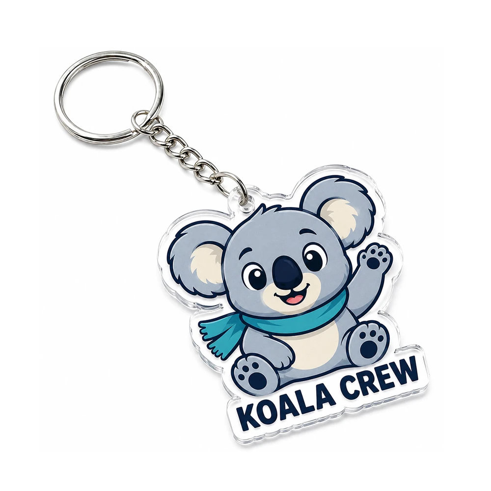 Custom die-cut acrylic keychain with koala crew mascot print and split key ring Australia