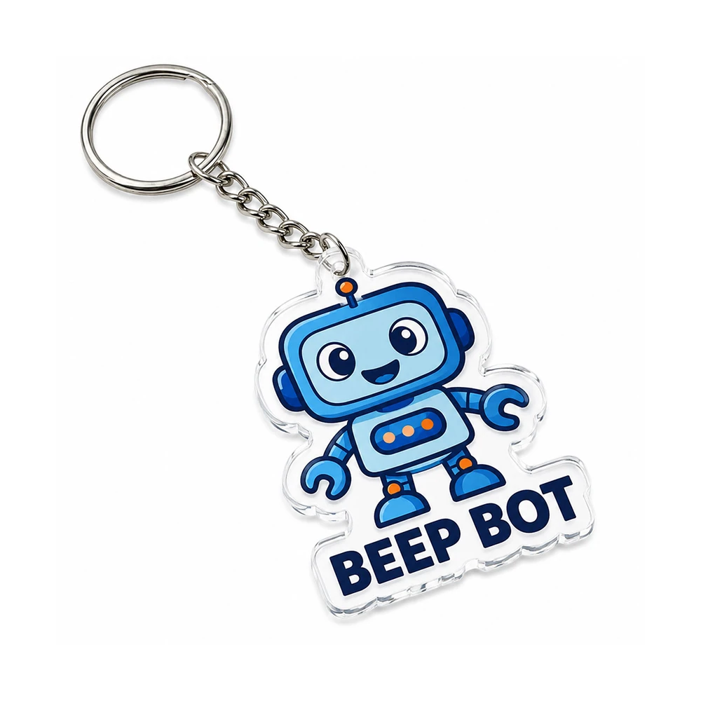Custom die-cut acrylic keychain with beep bot robot mascot print Australia