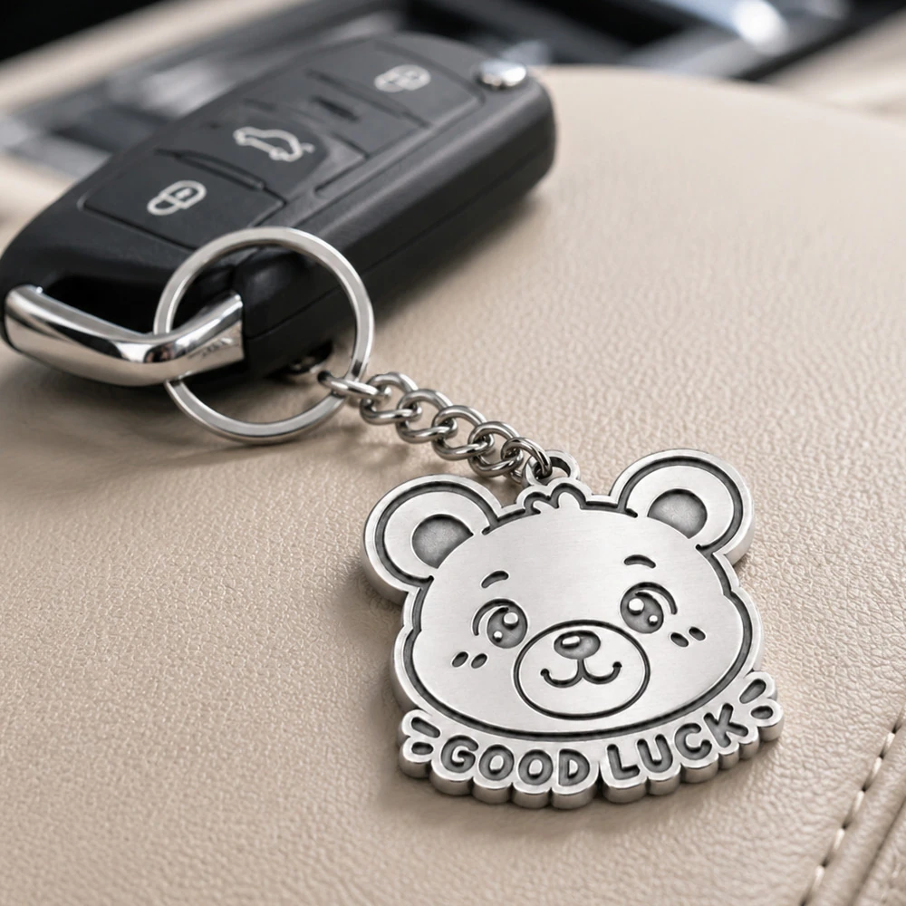 Zinc metal bear keychain attached to a car key on a leather seat Australia